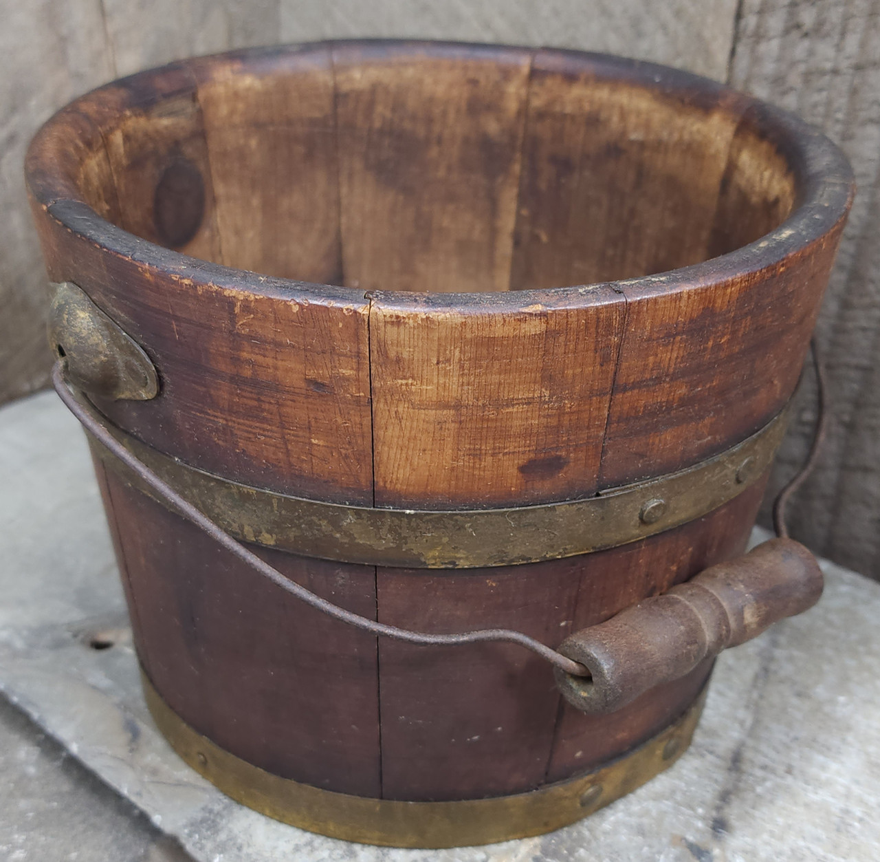 Antique Small Wooden Berry Bucket with Wood & Wire Bale Handle