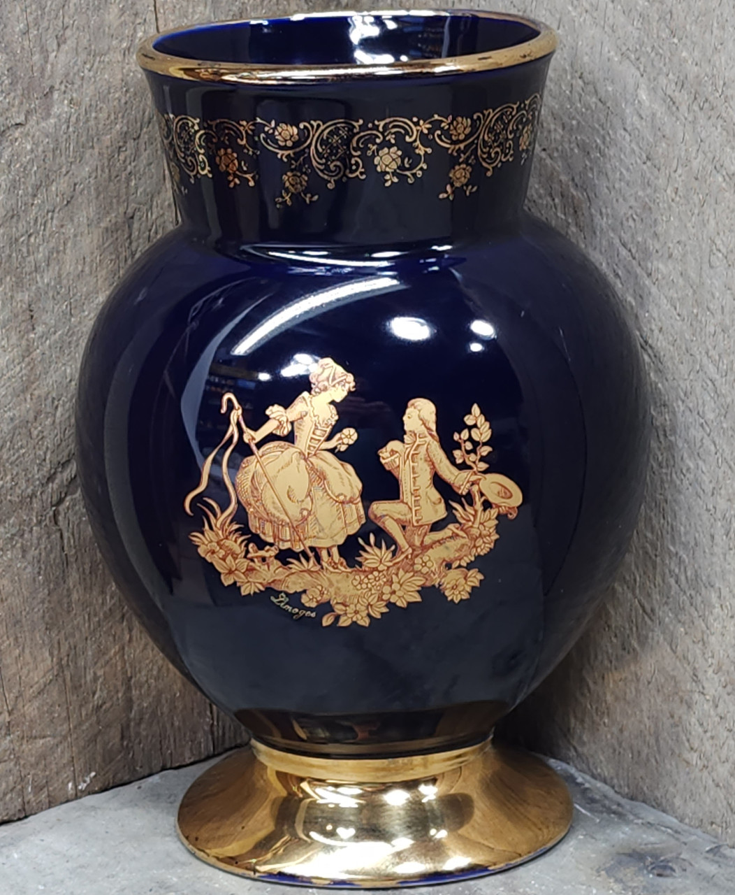 Retro Vintage Cobalt Blue Limoges Castel Porcelain Vase with Gilt Courting  Scene