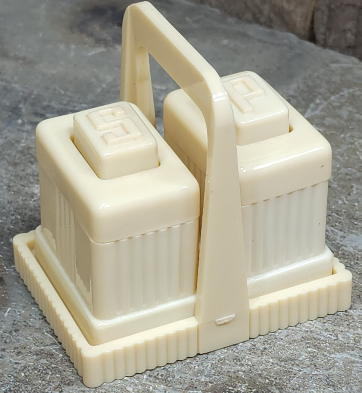 Pair Vintage Carvanite Mid-Century / Deco Salt & Pepper Shaker Set & Holder  - Before Times Shop