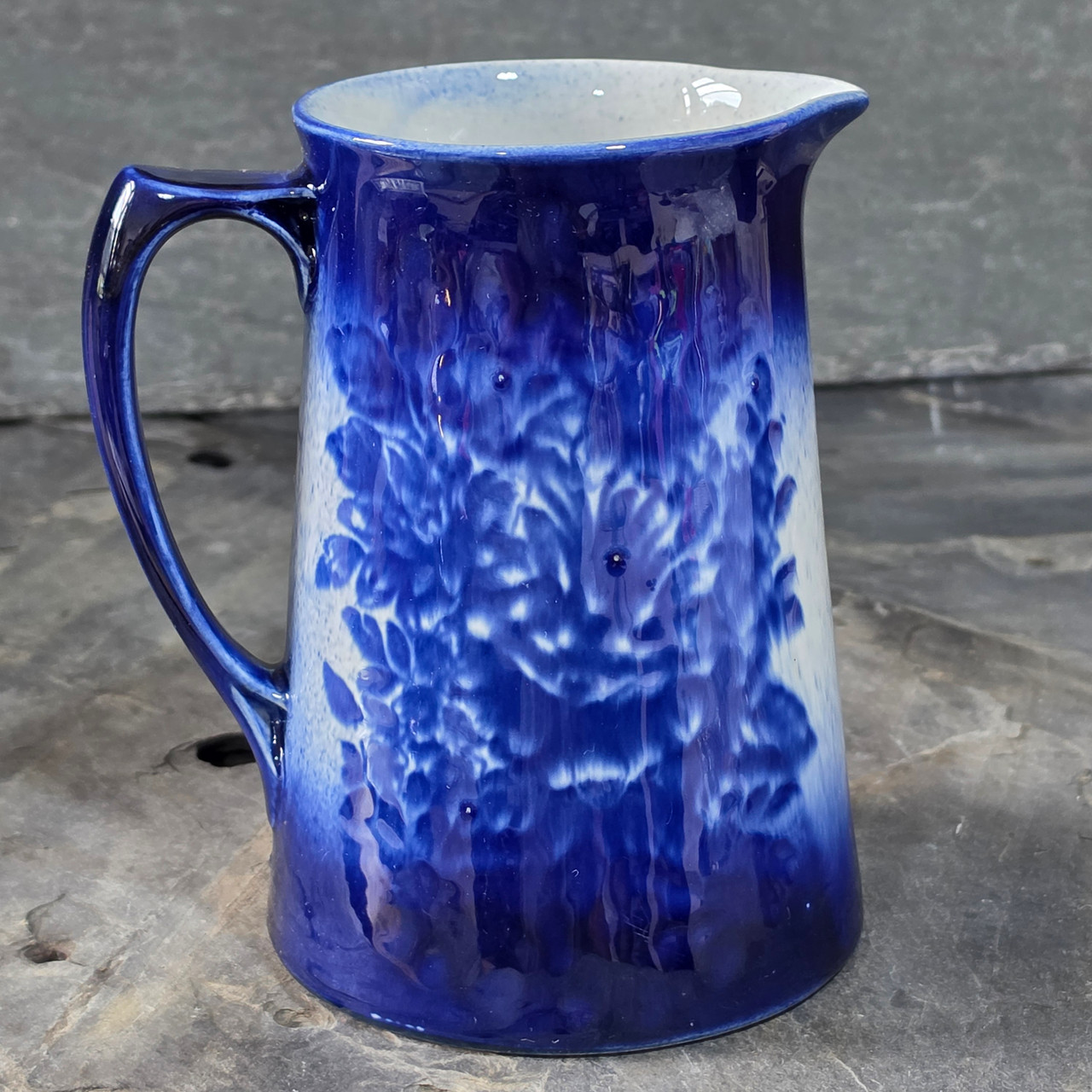 Antique English Staffordshire Flow Blue Pitcher Empress Floral