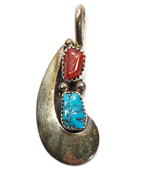 Signed Sterling Silver Native American Necklace Pendant Coral & Turquoise Stones