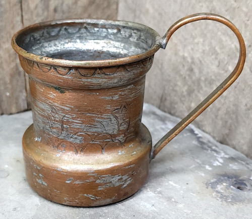 Antique Handmade Folk Art Copper Mug Cup Shabby Stamped Tulip Flowers Design