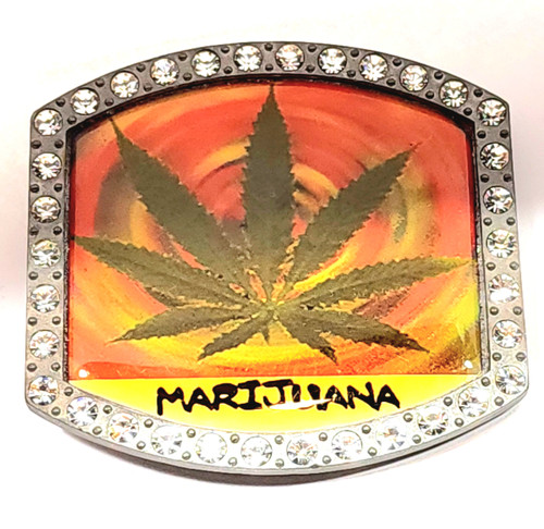 Funky Retro Hippie Marijuana Leaf Belt Buckle with Rhinestone Border