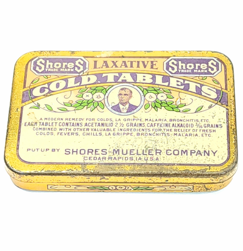 Antique Shores Mueller Co. Laxative Cold Tablets Medicine Advertising Tin