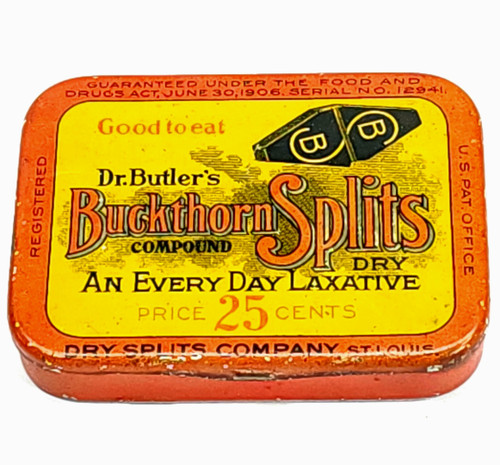 Antique Dr. Butler's Buckthorn Splits Laxative Pills Advertising Tin & Contents