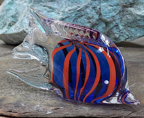 Vintage Handmade Art Glass Paperweight Orange Blue Striped Tropical Fish Shaped