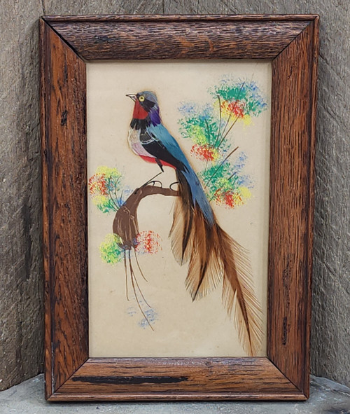 Antique Hand-Painted Bird Mixed Media Art Picture w Real Feathers Oak Wood Frame