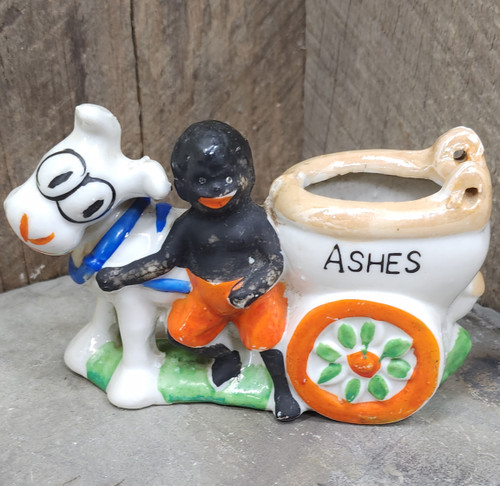 Vintage Made in Japan Black Americana Porcelain Boy & Donkey w/ Toilet Ashtray