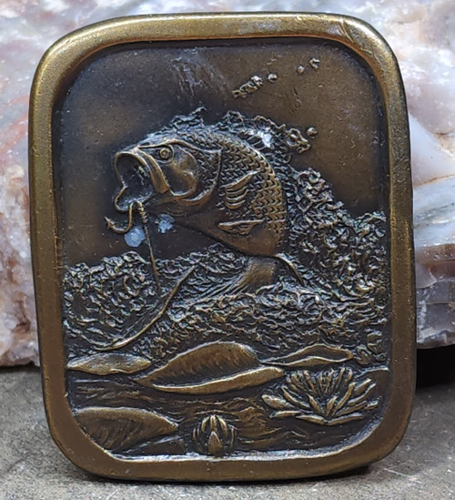 1976 Indiana Metal Craft Brass Tone Large Mouth Bass Fish Fishing Belt Buckle