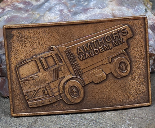 Retro Vintage Amthor Welding Advertising Brass Belt Buckle w/ Truck Walden NY