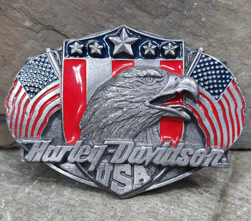 1988 Vintage Siskiyou Belt Buckle Harley Davidson Eagle Enameled American Flags