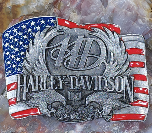 1989 Siskiyou Buckle Co Enameled Pewter Tone Harley Davidson US Flag Belt Buckle