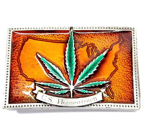 Vintage Retro U.S. Homegrown Enameled Silver Tone Marijuana Leaf Map Belt Buckle