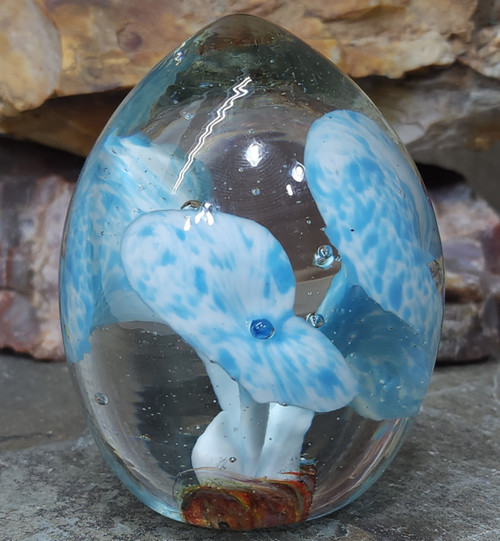 Vintage Clear Egg Shaped Art Glass Paperweight with Encased White & Blue Flowers