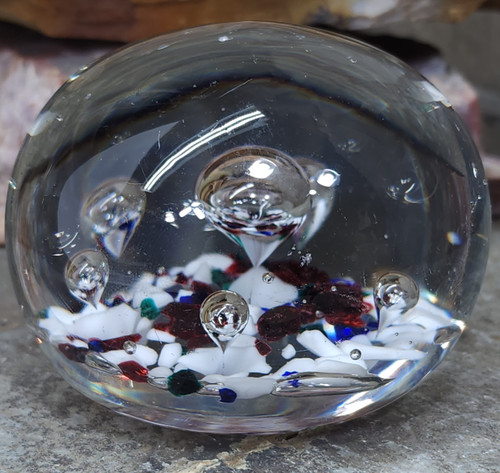 Vintage Handmade Art Glass Paperweight Clear Dome Controlled Bubbles Flowers