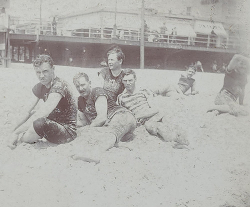1901 Antique Photograph Young Men in Sand on Atlantic City Beach Mounted on Card