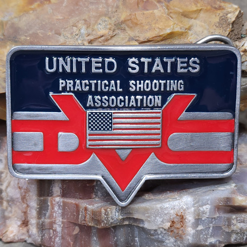 1985 NOS United States Practical Shooting Assoc Silver Tone Enameled Belt Buckle