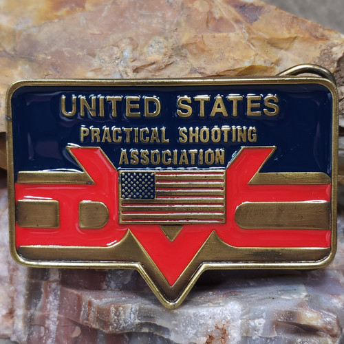 1985 NOS United States Practical Shooting Assoc Gold Tone Enameled Belt Buckle