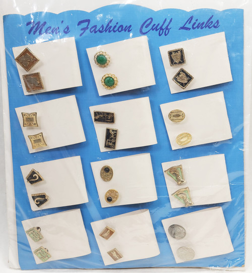 Lot of 12 NOS Men's Fashion Jewelry Cuff Links Sets on Advertising Display Card