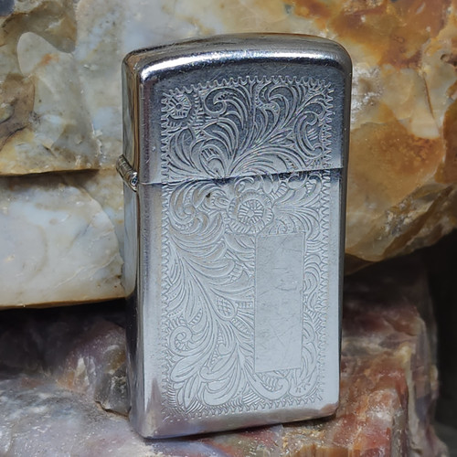 1976 Zippo Slim Cigarette Lighter w/ Western Style Floral Engraving on Case