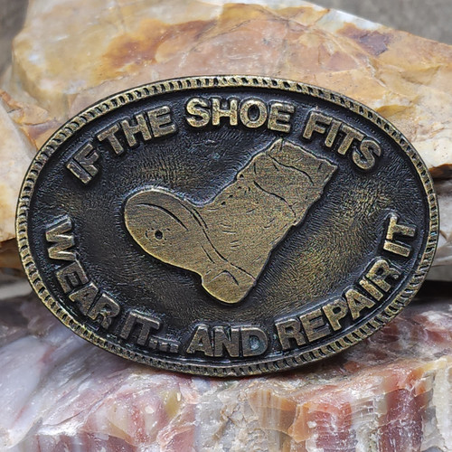 Vintage L.I. Leather Advertising Belt Buckle If the Shoe Fits, Wear It Repair It