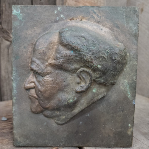 Vintage Bronze Plate Side View Bas Relief Portrait Balding Man