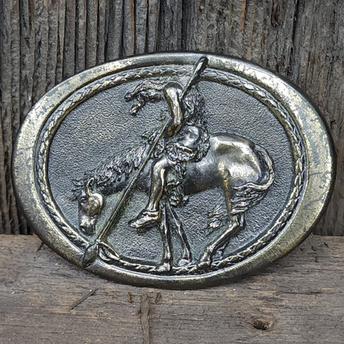 1982 Embossed End of the Trail Native American Indian Horse Belt Buckle Vintage