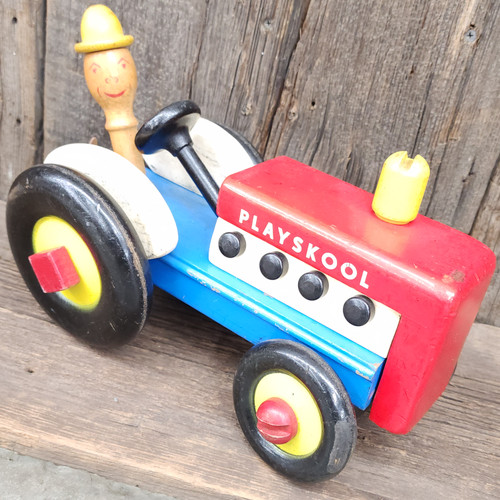 Vintage Mid-Century Playskool Wooden Take Apart Toy Farm Tractor w/ Tools Wood