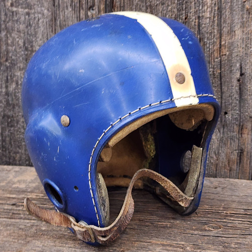 Vintage Mid-Century Blue White Striped Reach Football Helmet w/ Leather Strap