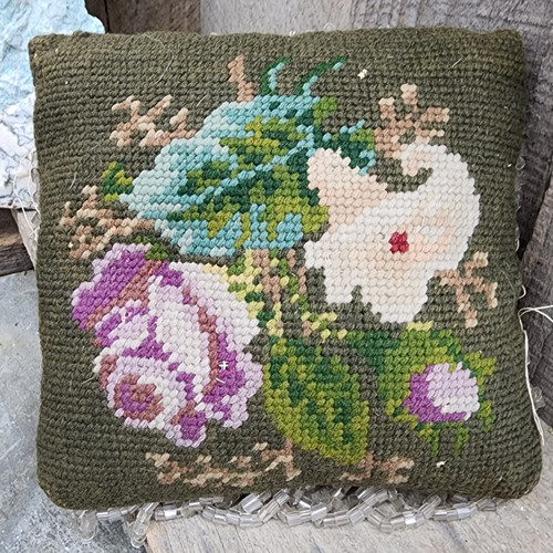 Antique Handmade Needlepoint Pincushion Beaded Fringe Floral Pin Cushion Shabby