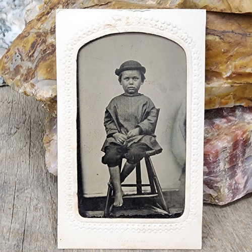 Antique Victorian Era Tintype of Poor Little Boy in Plank Bottom Chair Bare Feet