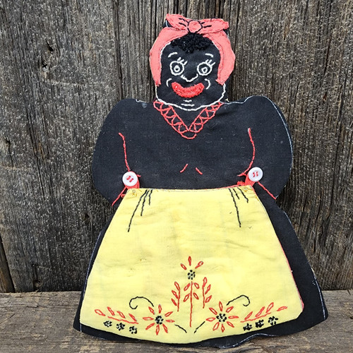 Old Handmade Embroidered Cloth Mammy Pot Holder Hot Plate Trivet Black Americana