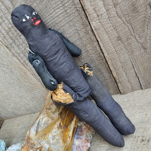 Creepy Spooky Vintage Handmade Jointed Black African Straw Filled Doll Toy
