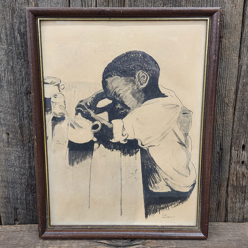 Vintage Signed Joe Broderick Black Americana Ink Drawing Boy Sleeping at Table