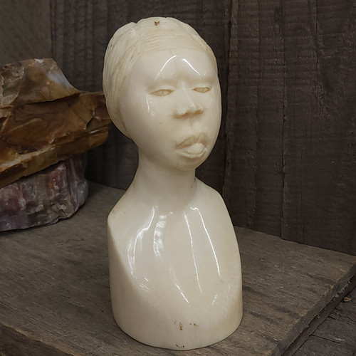Antique Carved African Woman Ivory Bust Female Natural Folk Art Carving