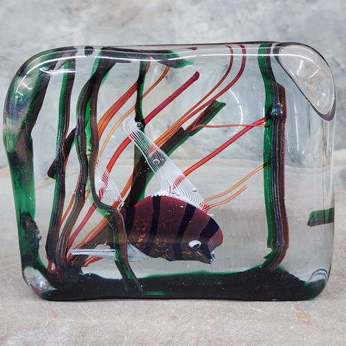 Vintage Handmade Murano Art Glass Fish in Aquarium Block Paperweight Cenedese