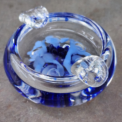 1984 Vintage Maude & Bob St. Clair Art Glass Paperweight Ashtray Blue Flowers