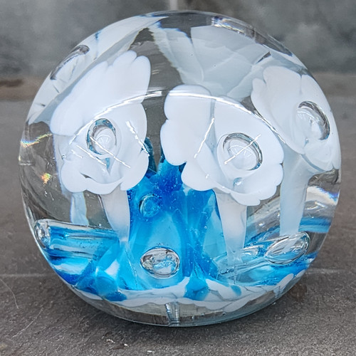 Signed Vintage St. Clair Art Glass Paperweight White Flowers Controlled Bubbles