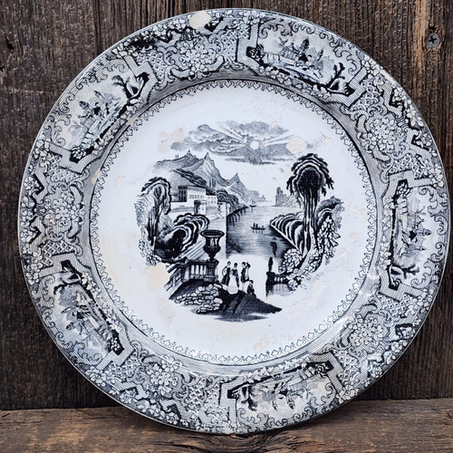 Antique Black Transfer Print Asian Oriental Art Landscape Scenes Dinner Plate