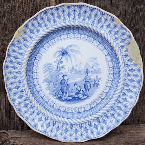 Antique Penn's Treaty Blue Transfer Print Staffordshire Dinner Plate Indian