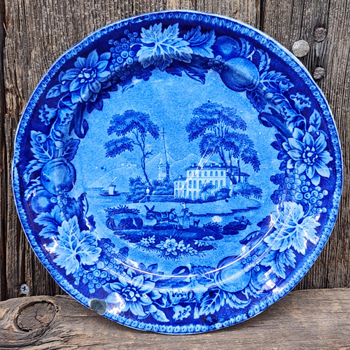 Antique American Villa Scene Flow Blue Transfer Print Dinner Plate Fruit Border
