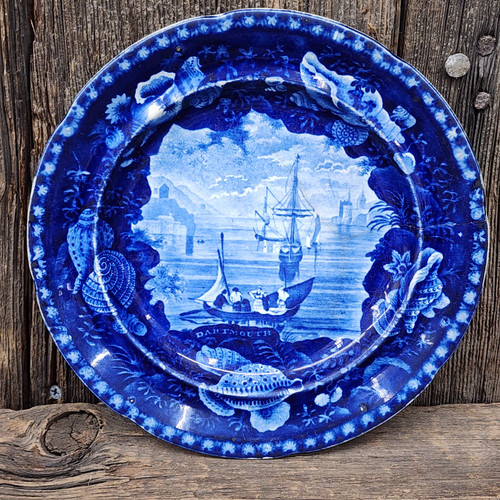 Antique E. Wood & Sons Dartmouth Flow Blue Transfer Print Dinner Plate Seashells