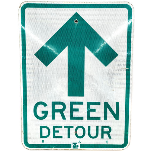 Vintage Green Detour Ahead Reflective Arrow Obsolete Street Sign Traffic Road