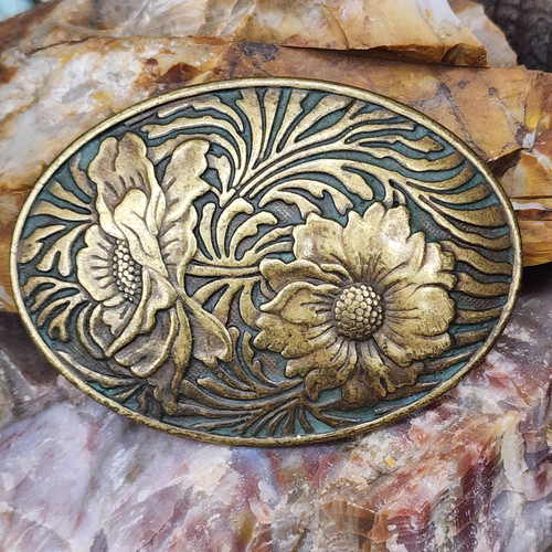 Vintage Heavy Stamped Brass Oval Western Style Belt Buckle Flowers Nice Patina