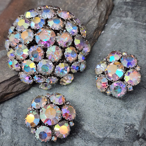 Warner Vintage Aurora Borealis Rhinestone Crystal Dome Brooch Pin & Earring Set