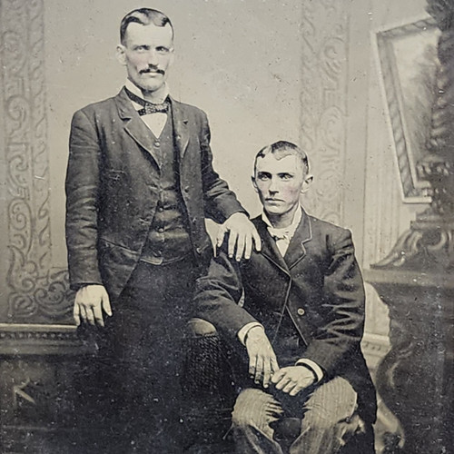 Antique Tintype Photo Two Young Men in Suits Tinted Cheeks in Affectionate Pose