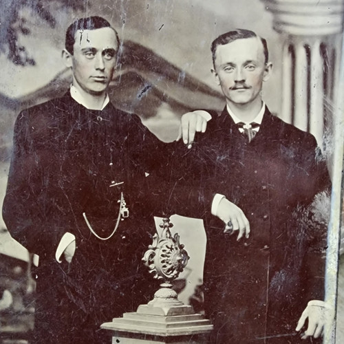 Antique Victorian 1/4 Plate Tintype Photograph 2 Men Together Affectionate Pose