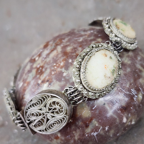 Antique Silver Bracelet Links w/ Embossed Flowers & Hand-Painted Bone Slabs