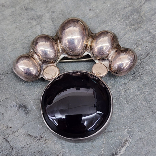 Vintage Signed Sterling Silver Puffy Bubbles Brooch w/ Large Onyx Polished Stone