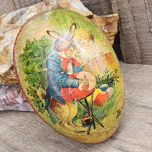 Antique German Paper Mache Easter Egg Candy Container Bunny Painting Egg